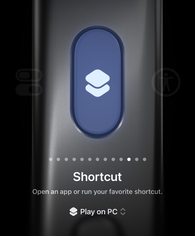Settings, Action Button, set to Shortcut with Play on PC chosen