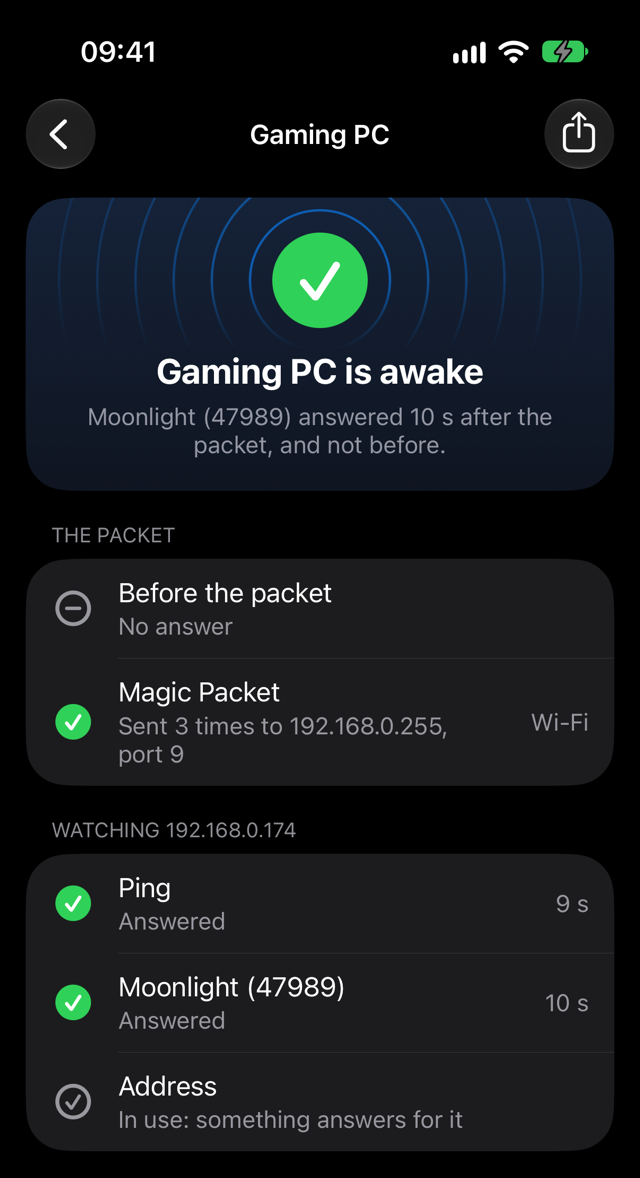 Radien's wake screen: Gaming PC is awake. Moonlight (47989) answered 10 s after the packet, and not before. Ping answered at 9 s.