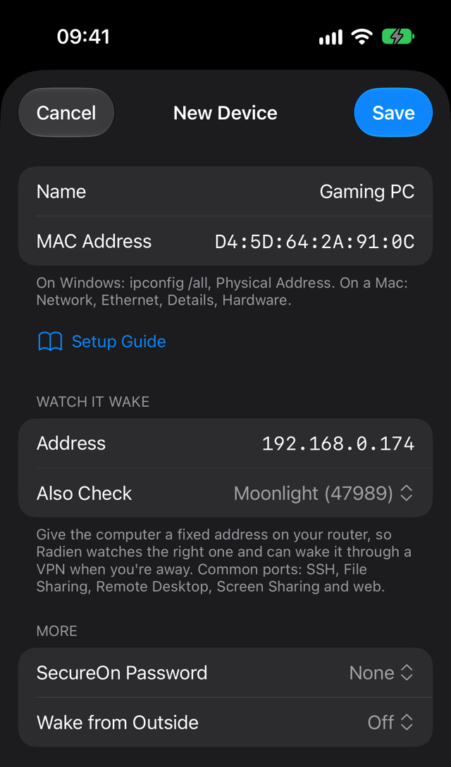 Radien's New Device form: Name Gaming PC, a MAC address, the address 192.168.0.174, and Also Check set to Moonlight (47989)