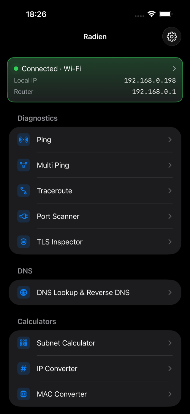 Radien home screen: the catalog of nine network tools under a live network-status header