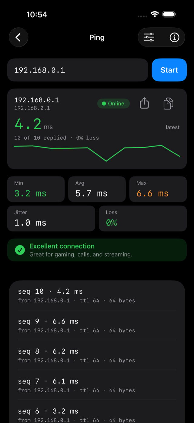 Ping tool: live latency chart with jitter, loss and a plain-language verdict