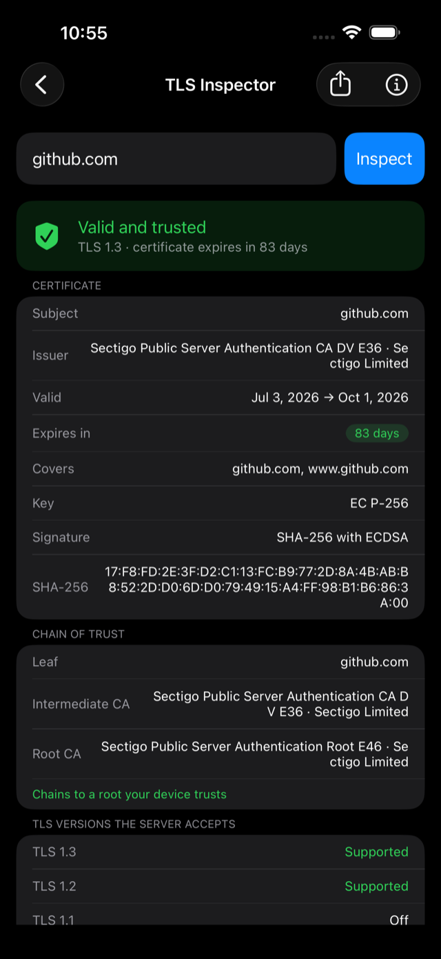 TLS Inspector: certificate chain, protocol versions and cipher support, read on-device